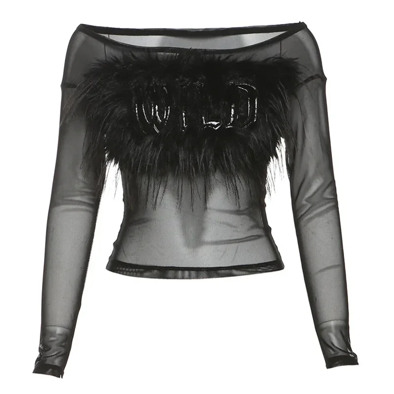E-girl Mode Mesh Transparent Slash Neck Crop Tops Fairycore Feder Frauen Schlank Sheer Tops Cyber Y2K Straße T Shirts