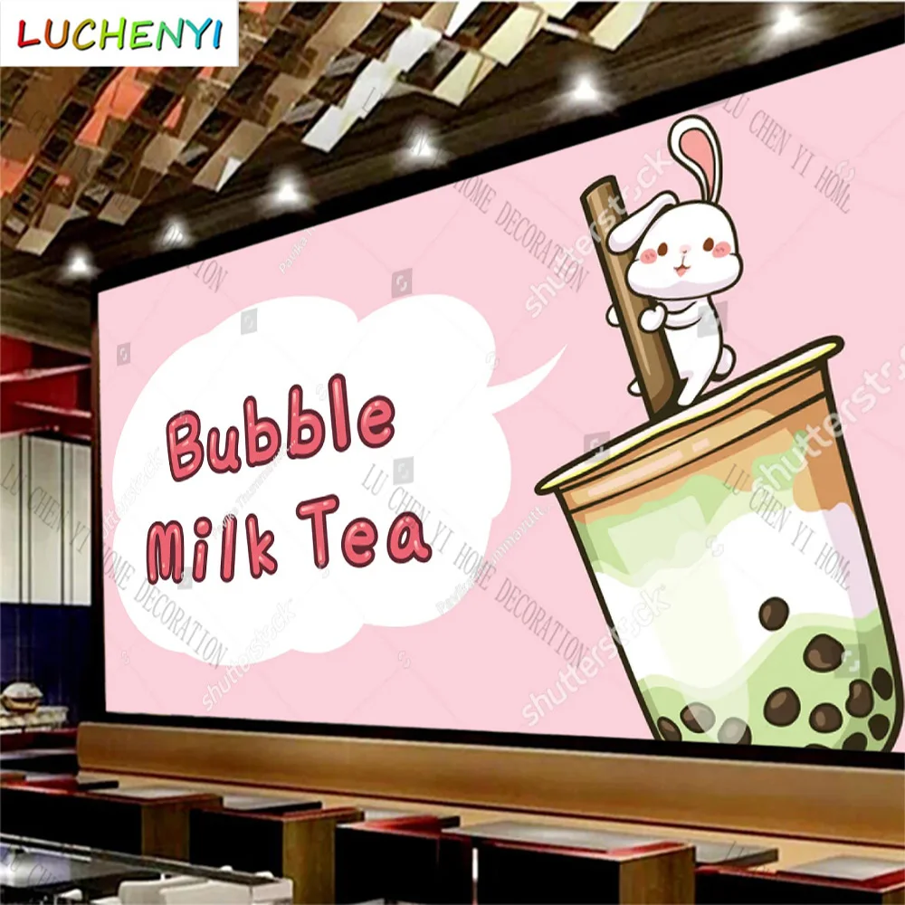 

Custom cartoon rabbit with bubble tea mural wallpaper restaurant cold drinking shop dining room wall papers home decor sticker