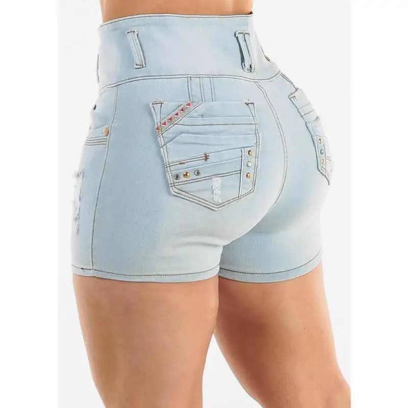 

Fall Collection High Waist Hole Punching Butt Lifting Light Blue Denim orts Retro Sle Ciwalk Nine Points Pants