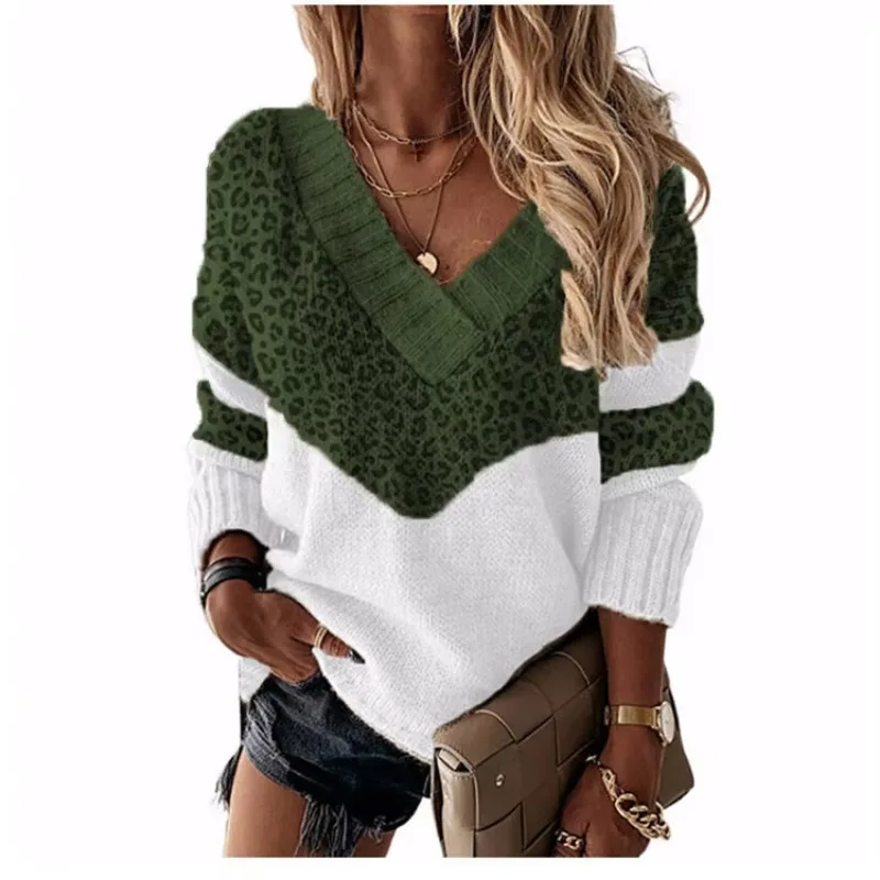 2024 Autumn Fashion Colorblock Long Sleeve V Neck Casual Leopard Print Pullover Loose New Knit Sweater Womens Sweater