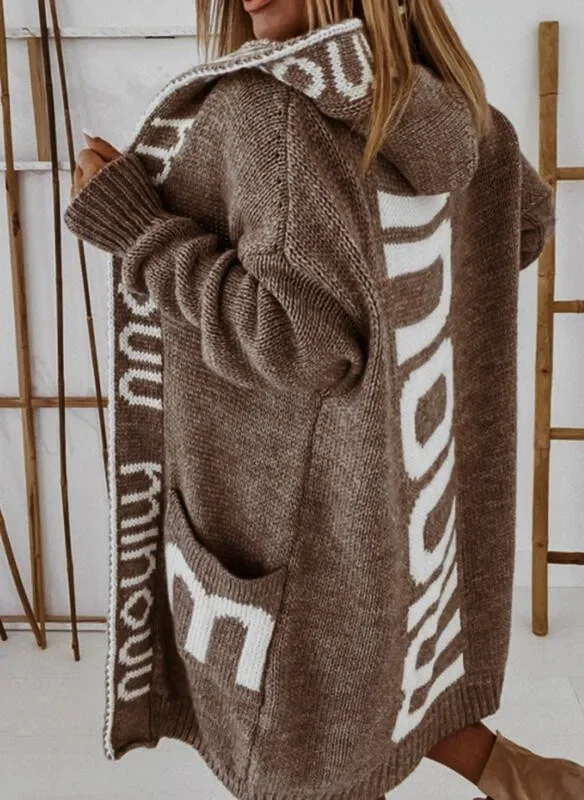 Długi damski kardigan z kapturem, płaszcz dziergany, dzianina we wzory liter, długa dzianina vintage, luźny, monochromatyczny, sweter casualowy