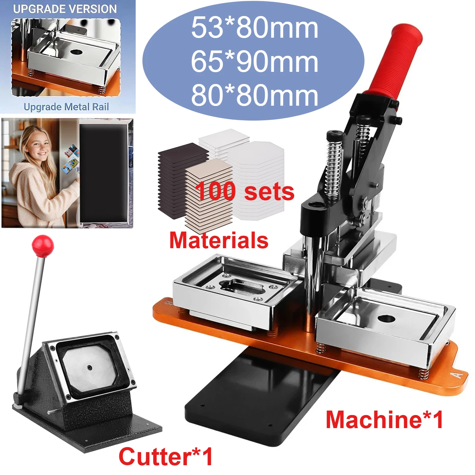 

65x90mm/80x53mm Rectangular Fridge Magnets Badge Maker DIY Photo Refrigerator Sticker Press Machine+Paper Cutter+100p Materials