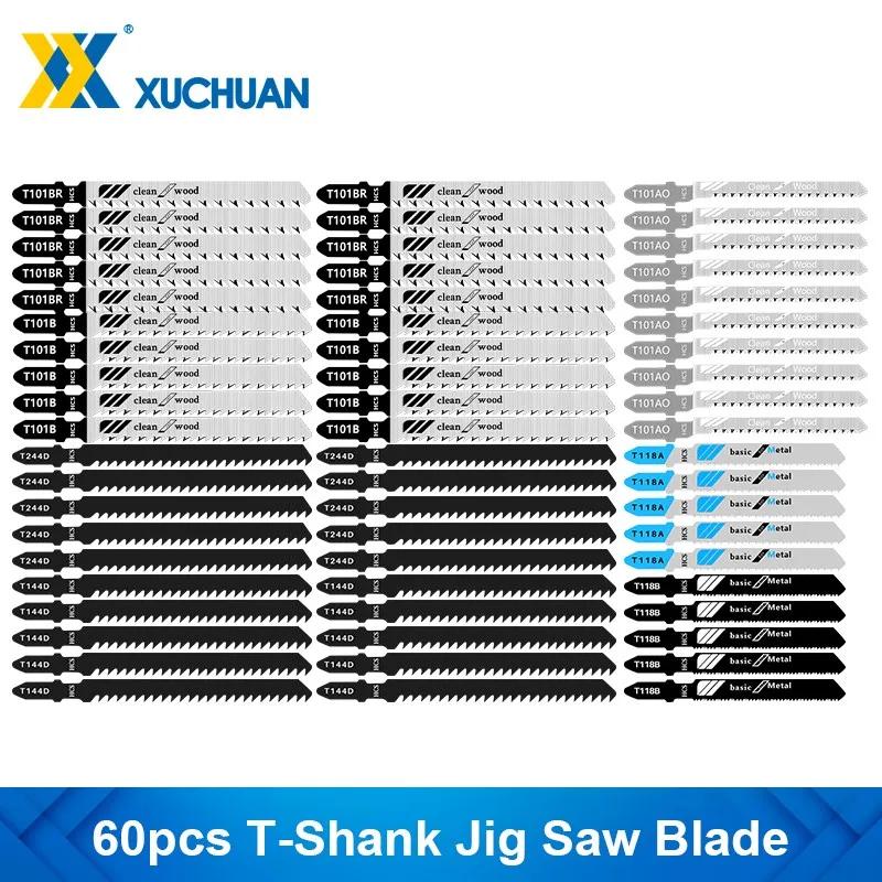 

Jig Saw Blade 60pcs T-Shank Jigsaw Blade HCS Steel Saw Blade T118A T118B T101AO T101B T101BR T144D T244D for Wood Cutting