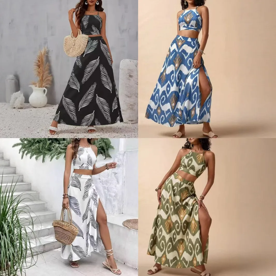 Summer 2 Set For Woman Sleeveless Crop Top Dresses Women's Matching Sets Maxi Dress A Line Skirt Two Piece Dress Elegant