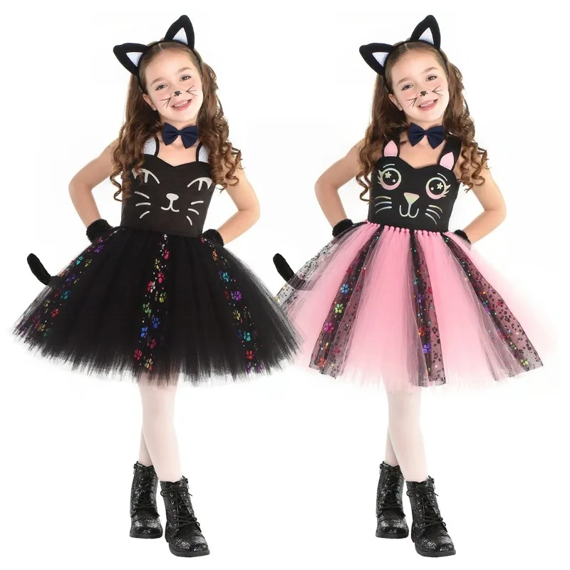 Niedliches rosa-schwarzes Katzenkleid für Kinder, Cosplay-Tutu-Rock, Tanzkostüm, Ohren, Schleife, Schwanz, Mädchen-Performance-Outfit, Geburtstagsparty-Outfit, Geschenk – Detail 2