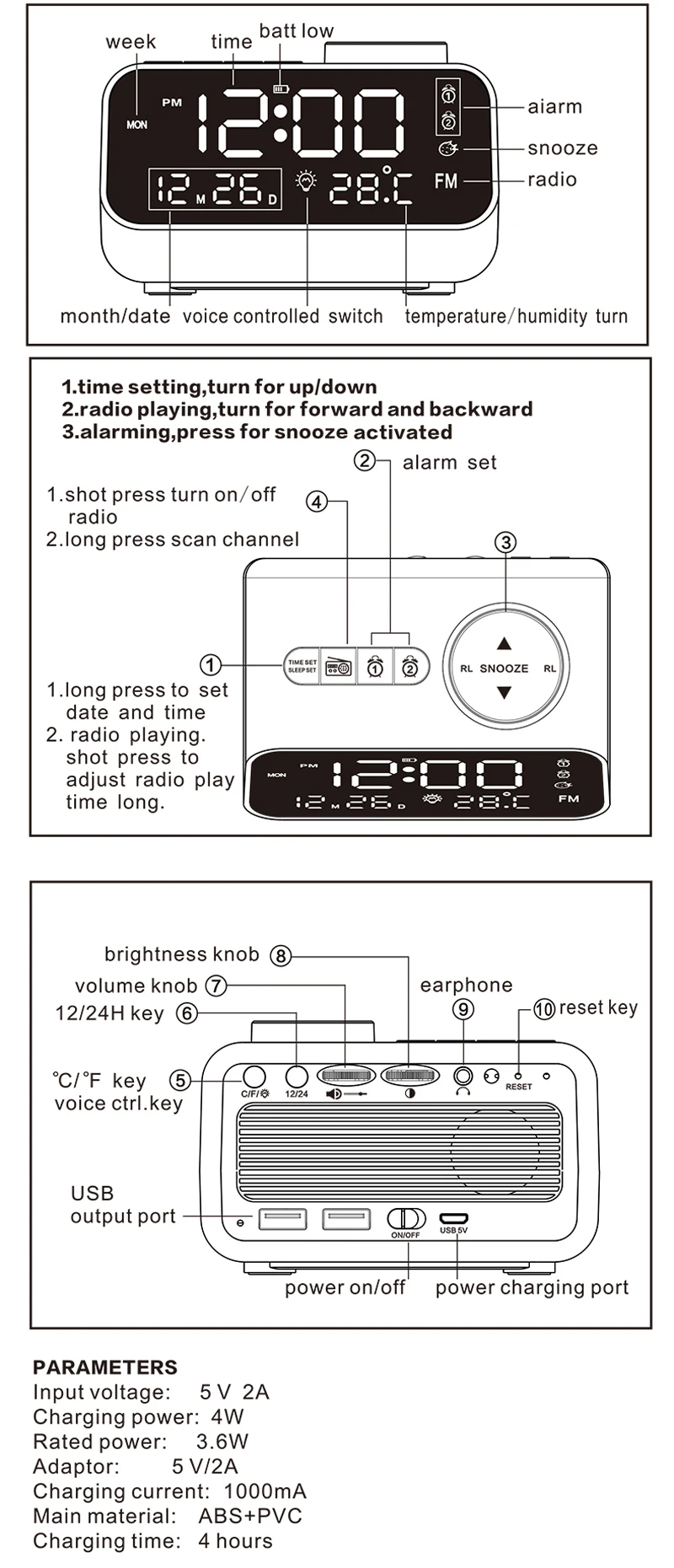 Mordern FM Radio LED Alarm Clock for Bedside Wake Up. Digital Table Calendar with Temperature Thermometer Humidity Hygrometer.