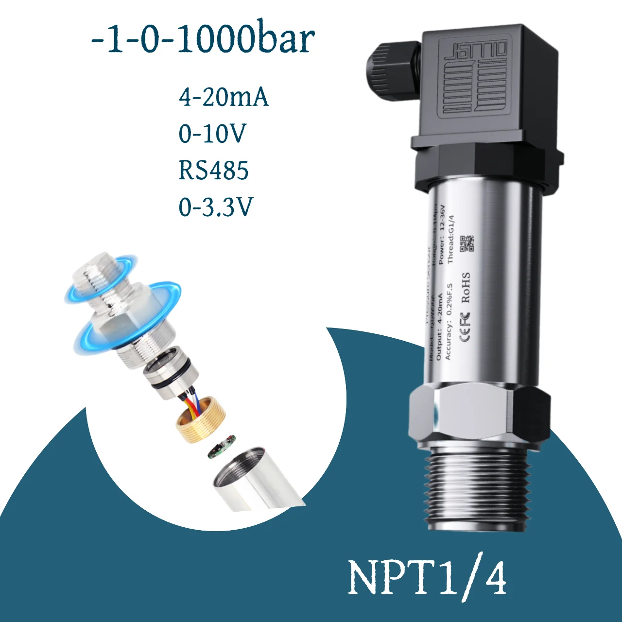 Transmissor de pressão npt1/4, 4-20ma, 0-3.3v, 10v, saída, água, gás, óleo, líquido-1bar, 10bar, 0,1bar, 400bar, 20kpa, sensor de pressão