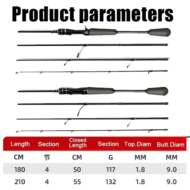 1.8m 2.1m Lure Rod Travel Fishing Rod 4 Section Carbon 4-25g Power Spinning Casting Rod Ultralight Portable Fishing Pole