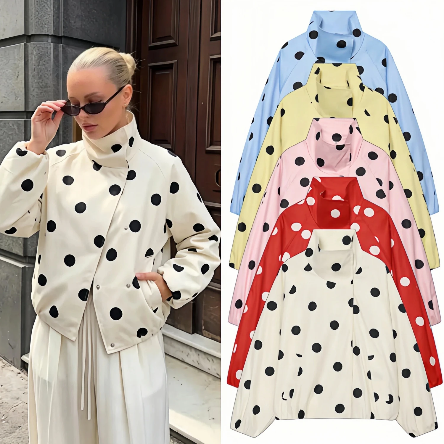 Trendy 2026 Spring Women Polka Dot Stand Collar Long Sleeve Loose Fit Elastic Hem Jacket Casual Lightweight Oversized Jacket