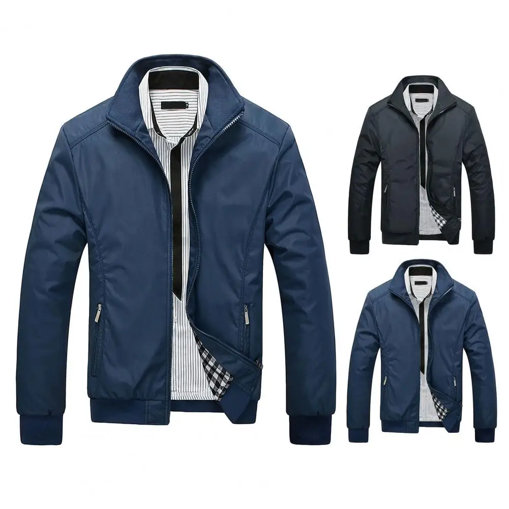 Men Solid Color Jacket Stylish Men's Business Casual Jacket with Stand Collar Zipper Closure Autumn Winter Outerwear for Male