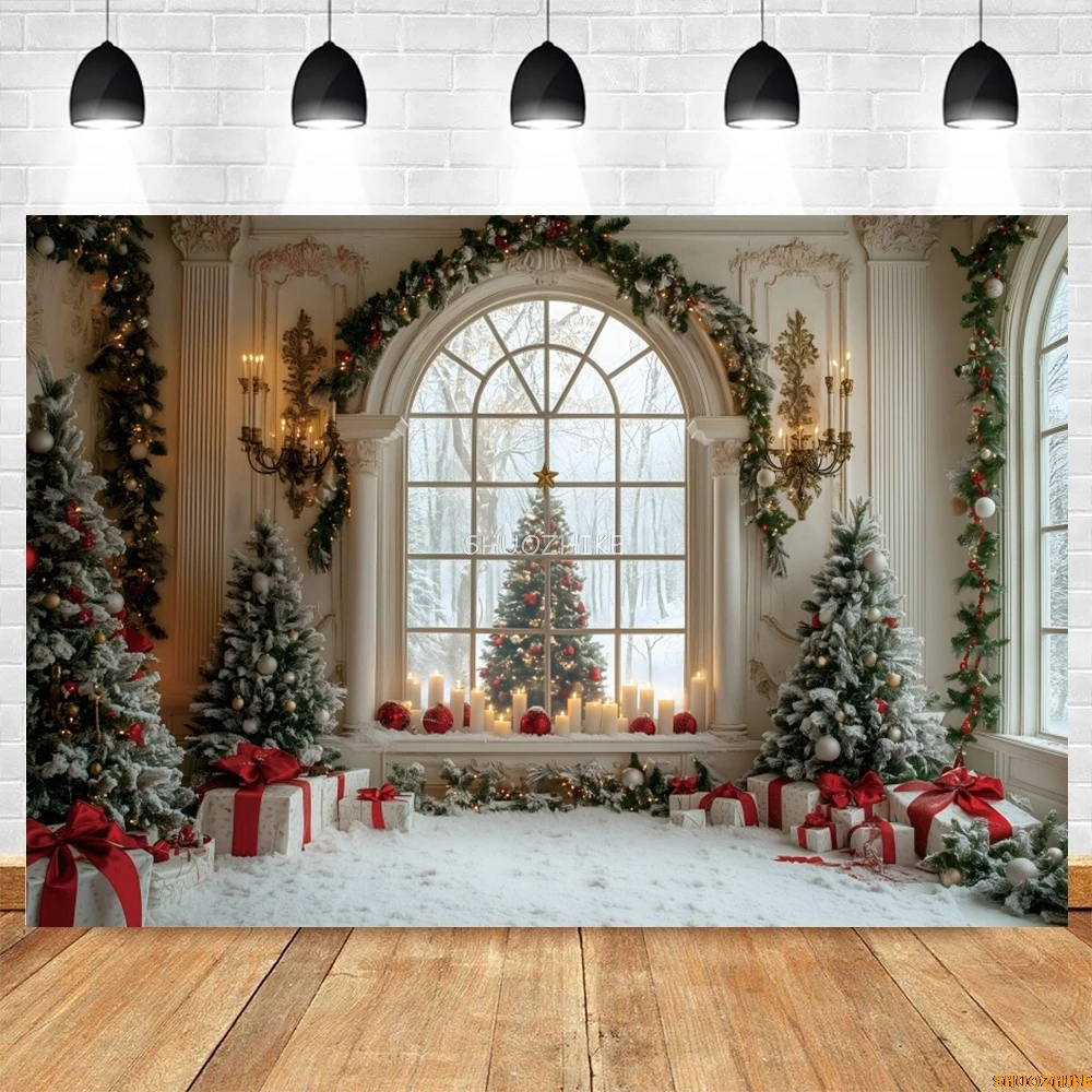 عيد الميلاد التصوير خلفية شجرة عيد الميلاد نافذة الغرفة خارج مشهد الثلج الشتاء الداخلية الطفل الاطفال صورة خلفية التصوير الفوتوغرافي