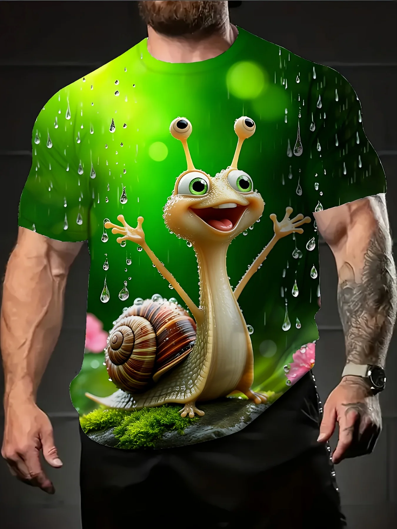 Men's Crew Neck Short Sleeve T Shirt 3D Cartoon Happy Snail Rain Drop Green Moss Floral Print Summer Casual Tops