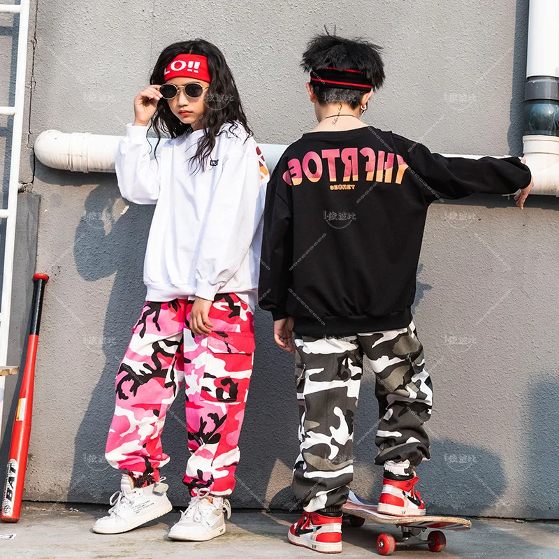 Boys Hip Hop Camouflage Pants Girls Jogger 2 Pcs Set Kids Sweatshirt Dance Clothes Teens Jazz Street Children Costume Streetwear