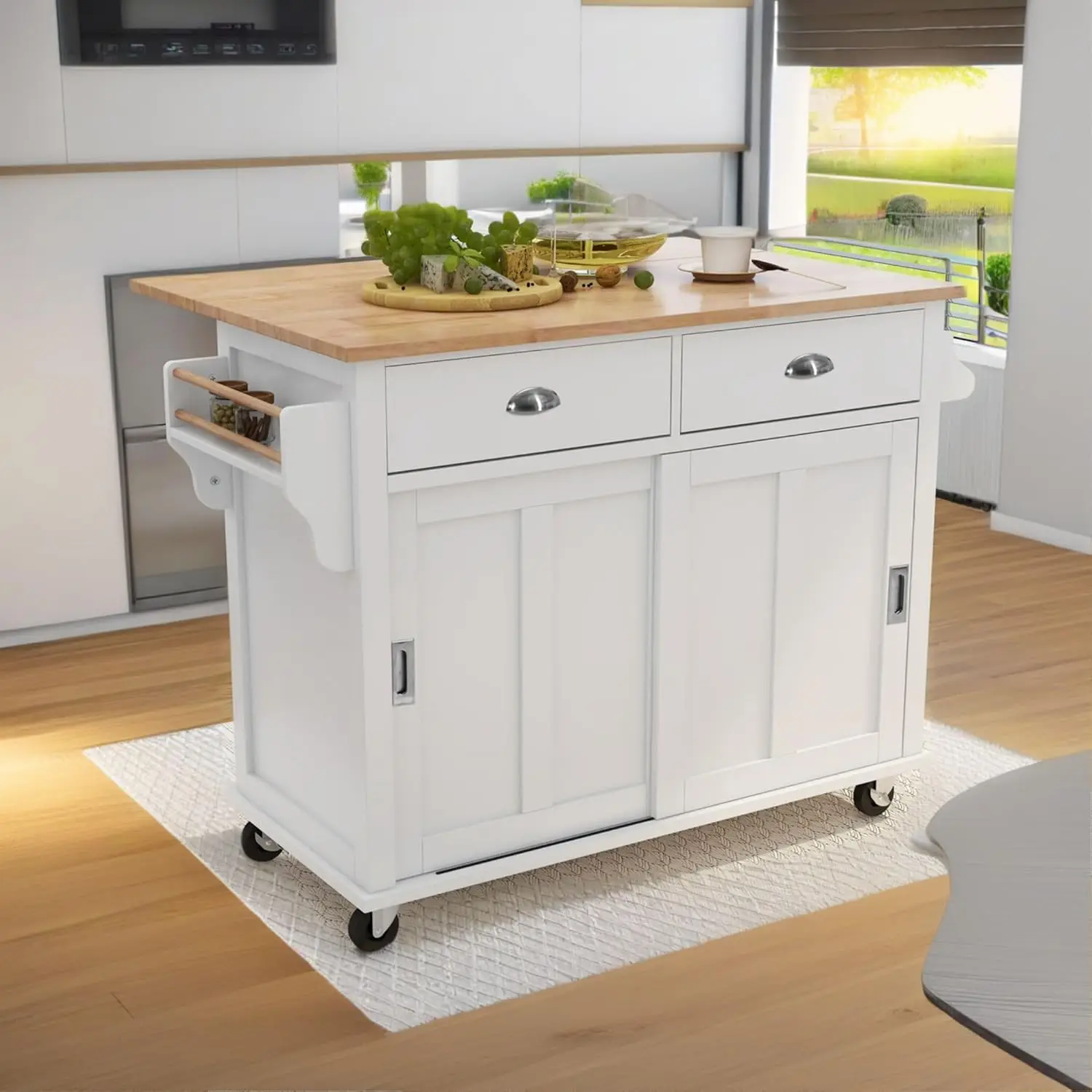 Kitchen Cart with Rubber Wood Drop-Leaf Countertop Concealed Sliding Barn Door Adjustable Height on 4 Wheels with Storage