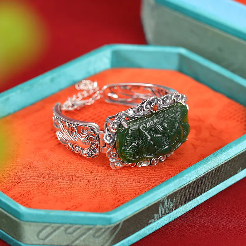 Natural Hetian Jade S925 Sterling Silver Jadeite Ruyi Pendant Style Elegant Bracelet