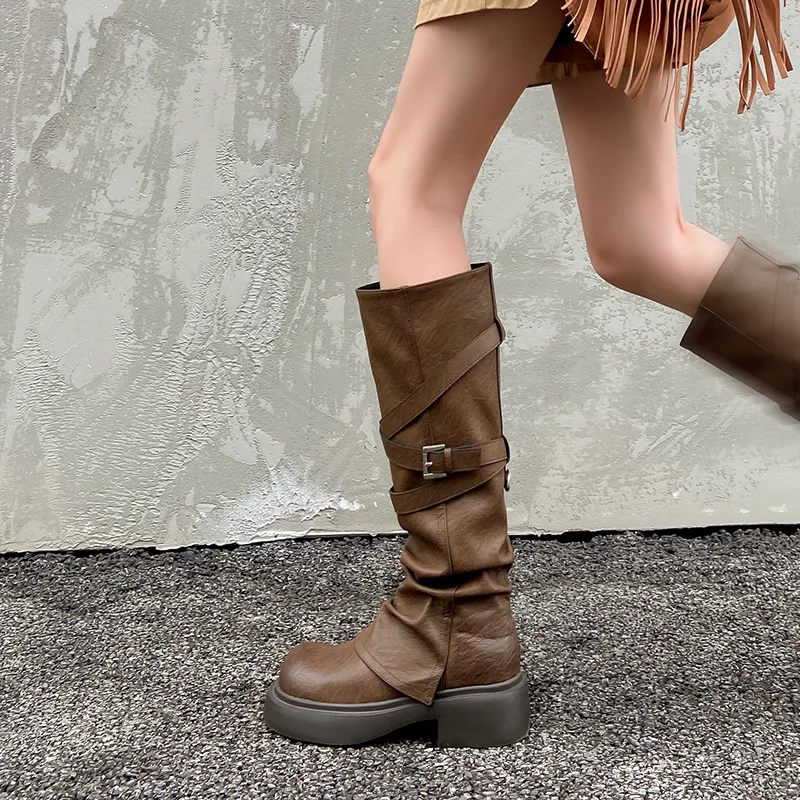 Brown Long Tube Boots Women's Thick Bottom High Tube Pants Boot 2024 Autumn Winter Western Cowboy Boot Retro Style