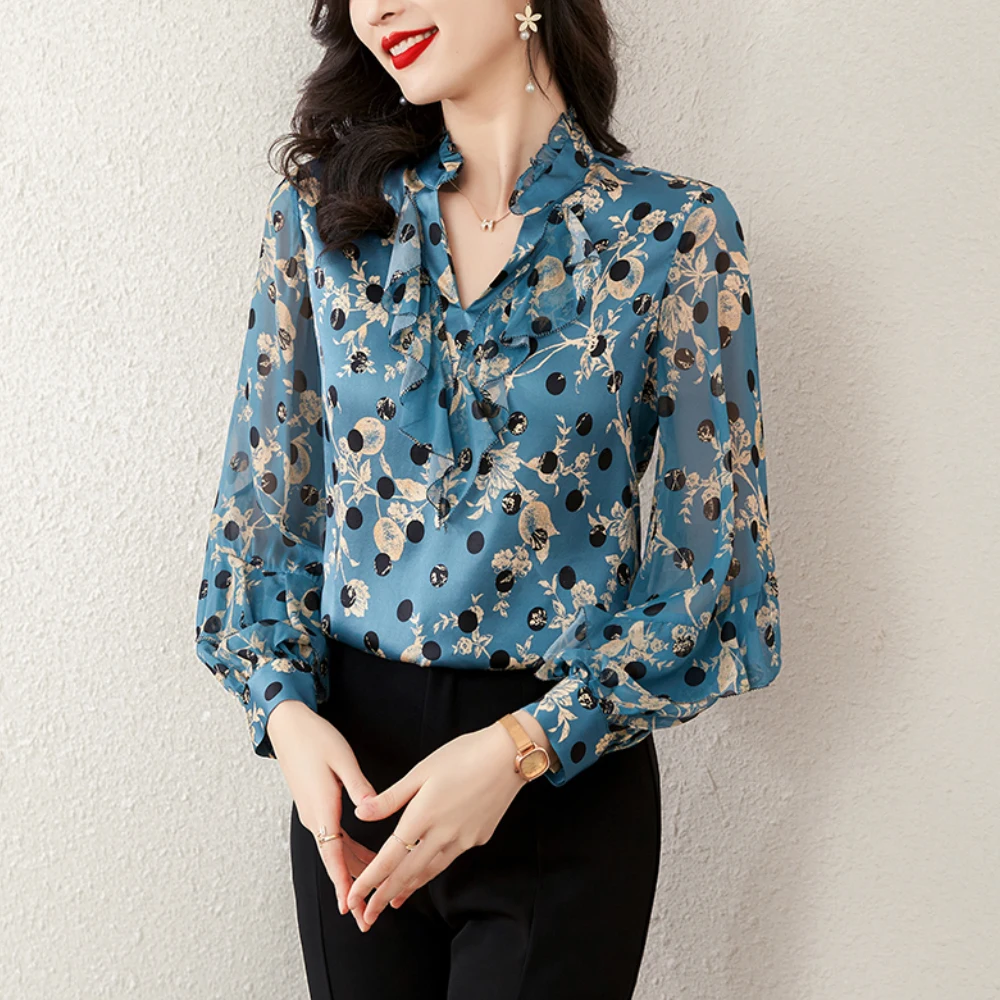 Elegant Ruffles Long Sleeve Satin Shirts Women Printed High Quality Spring Summer Blouses Casual Basic Women Tops Blusas Mujer