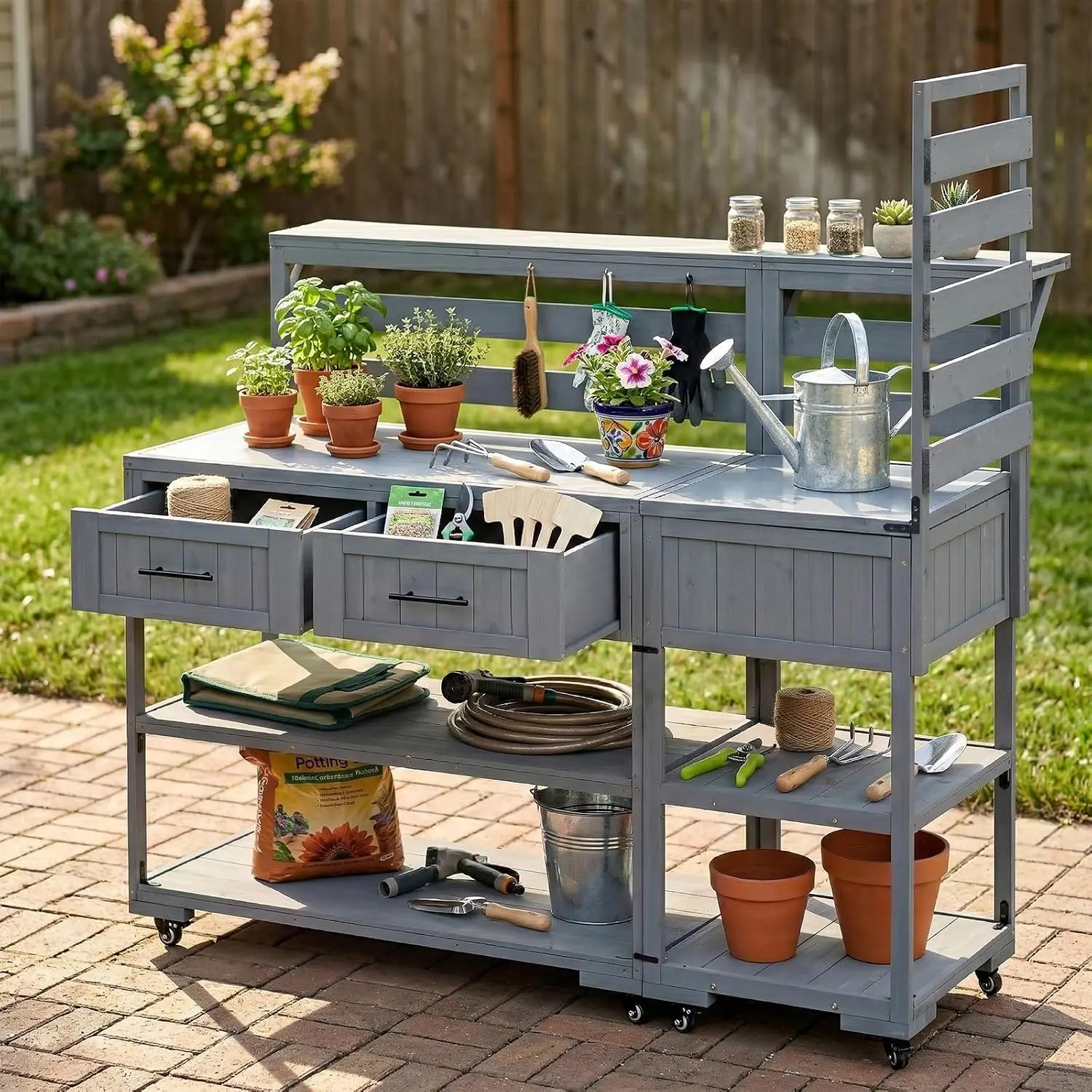 62.3" Outdoor Kitchen Island, Wood Cart, Steel Top, Potting Bench, Shelf & Drawers, Grill Prep Table, Customized
