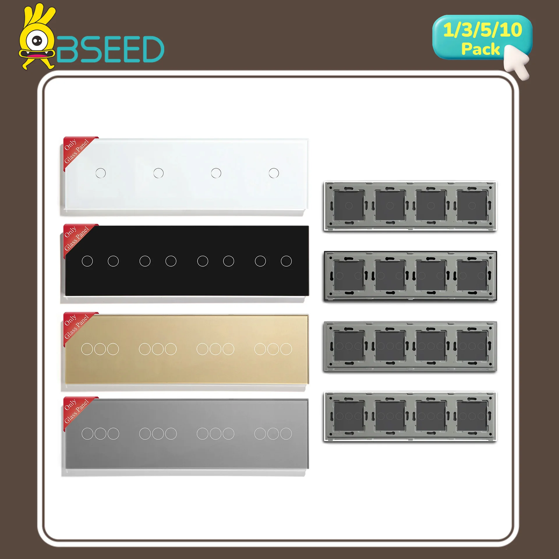 BSEED Glass Panel 299mm Quadruple 1/2/3Gang White Black Gloden Gray Panel for Wall Switch Function Part DIY with Metal Frames