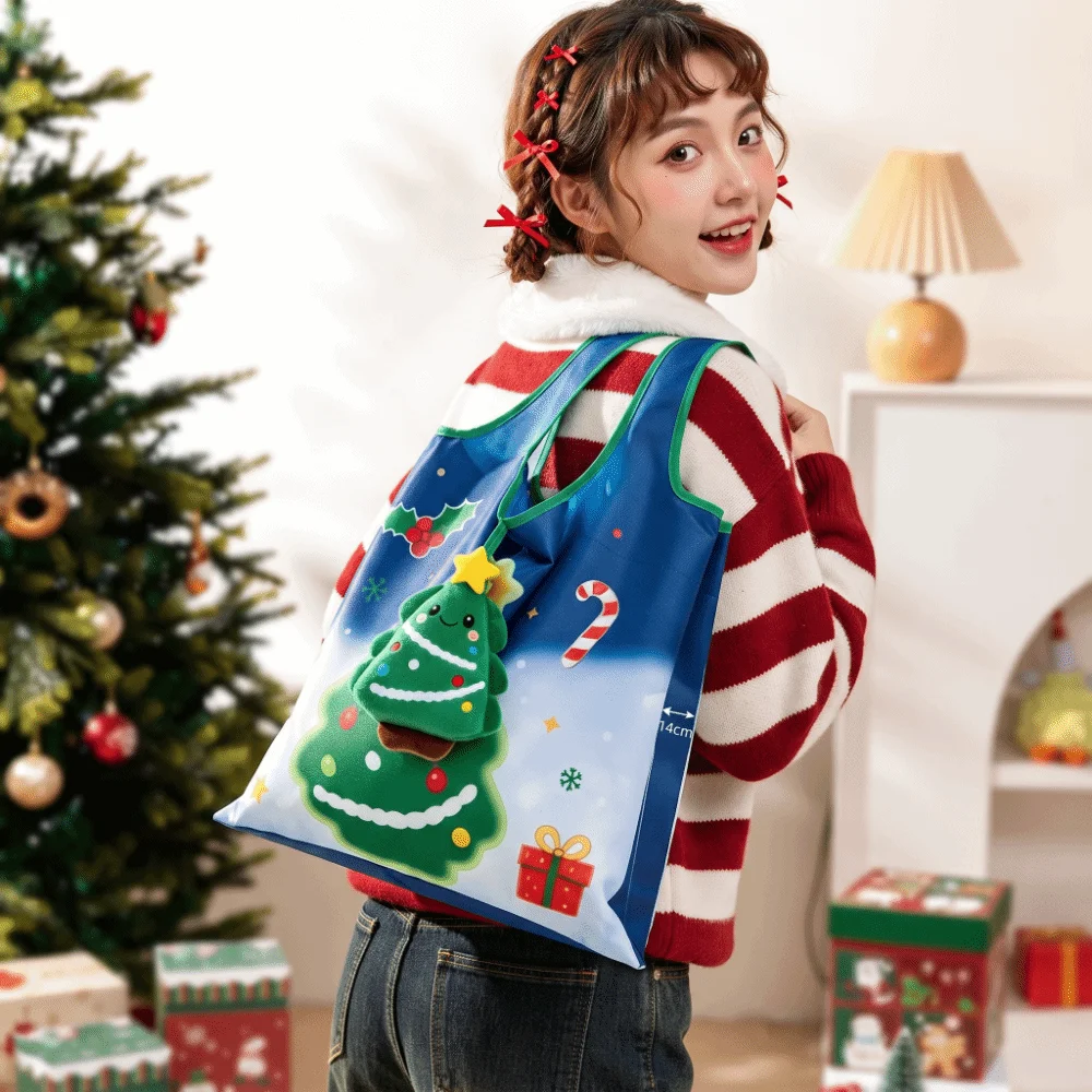 Colorful Christmas Grocery Tote Mini Space-Saving 2-in-1 Bag Charm Pouch Case Ultra-Lightweight Foldable Shopping Bag