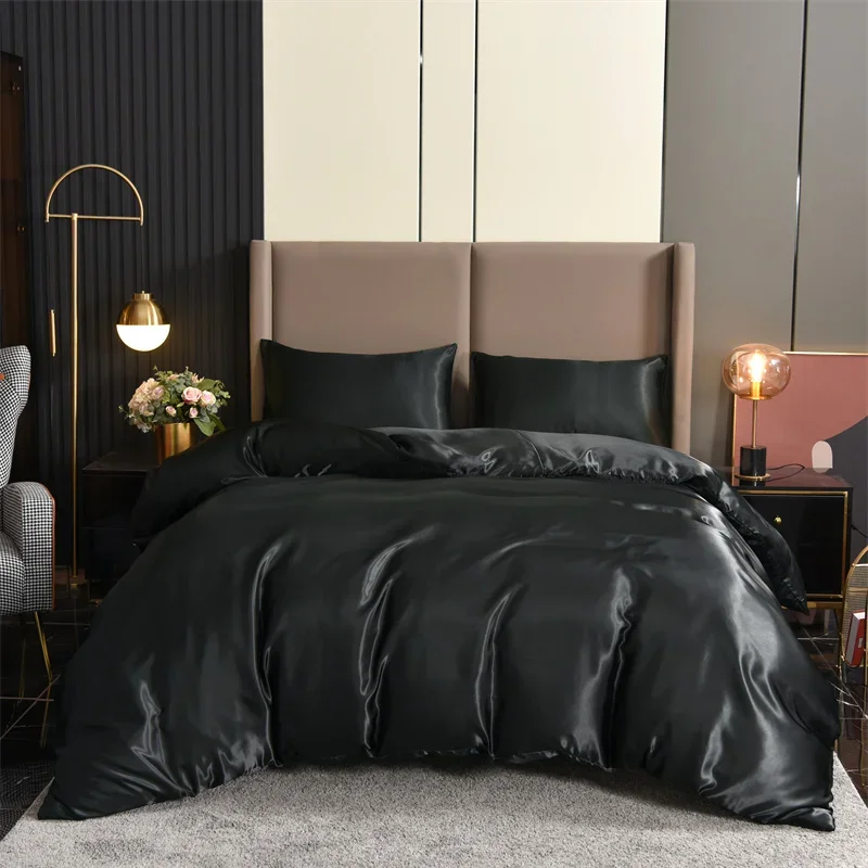 3pcs Satin Duvet Cover Set Bedding Sets Queen Black  Series Luxury Rich Silk Silky Soft Solid   Sexy Honeymoon Wrinkle Free