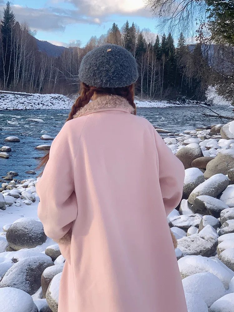 Estilo japonés elegante dulce rosa con cordones cuello de lazo abrigo de lana de un solo pecho suelto versátil acolchado chaquetas largas mujer invierno