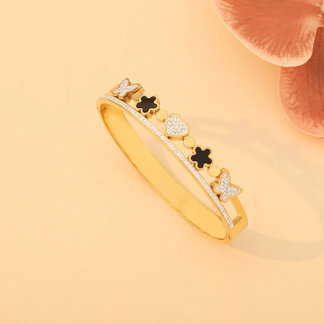 Euro-American style full diamond flower bracelet, heart butterfly stainless steel bangle, new cross-border jewelry