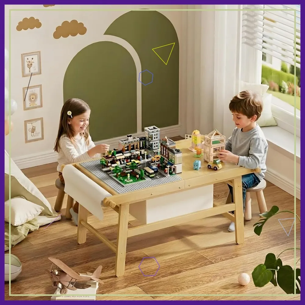 

5 in 1 Kids Train Table, Bamboo Toddler Activity Table with Storage, Play Table for Building Blocks, Painting, Learning