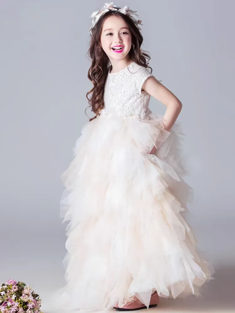 Abito per bambini in pizzo e tull, color champagne