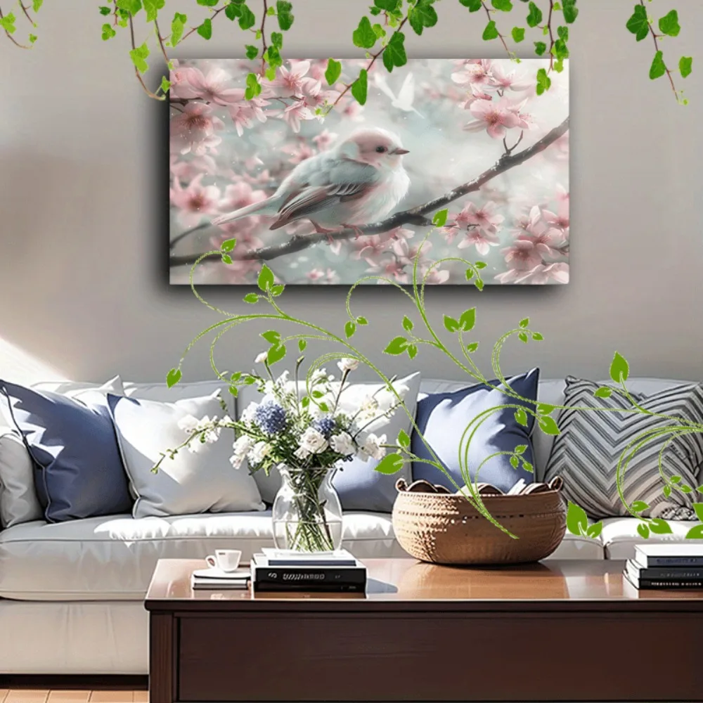 تصميم جميل على شكل طائر رقيق وزهر الكرز، لون وردي ناعم، ديكور داخلي هادئ ومتطور