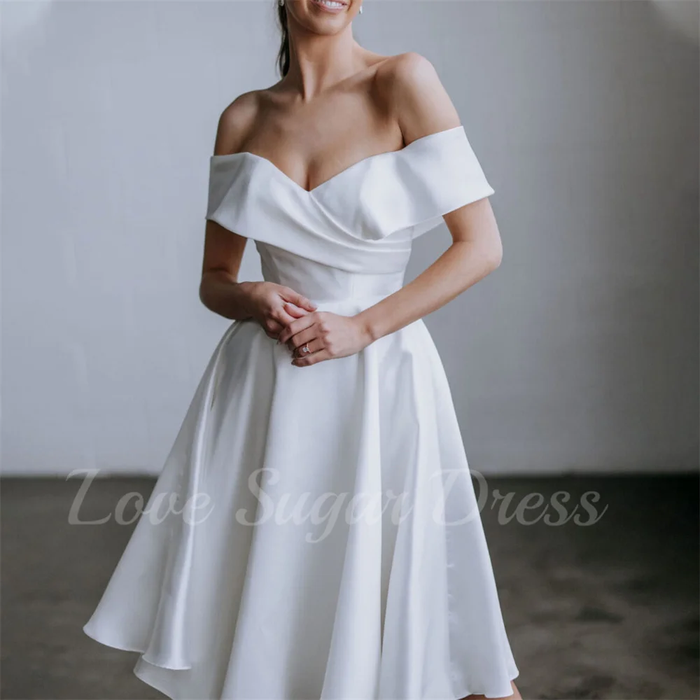 

Simple A Line Wedding Dress Satin Short Bridal Gowns For Wedding Sexy Off Shoulder Pleated Bride Dresses vestidos de novia