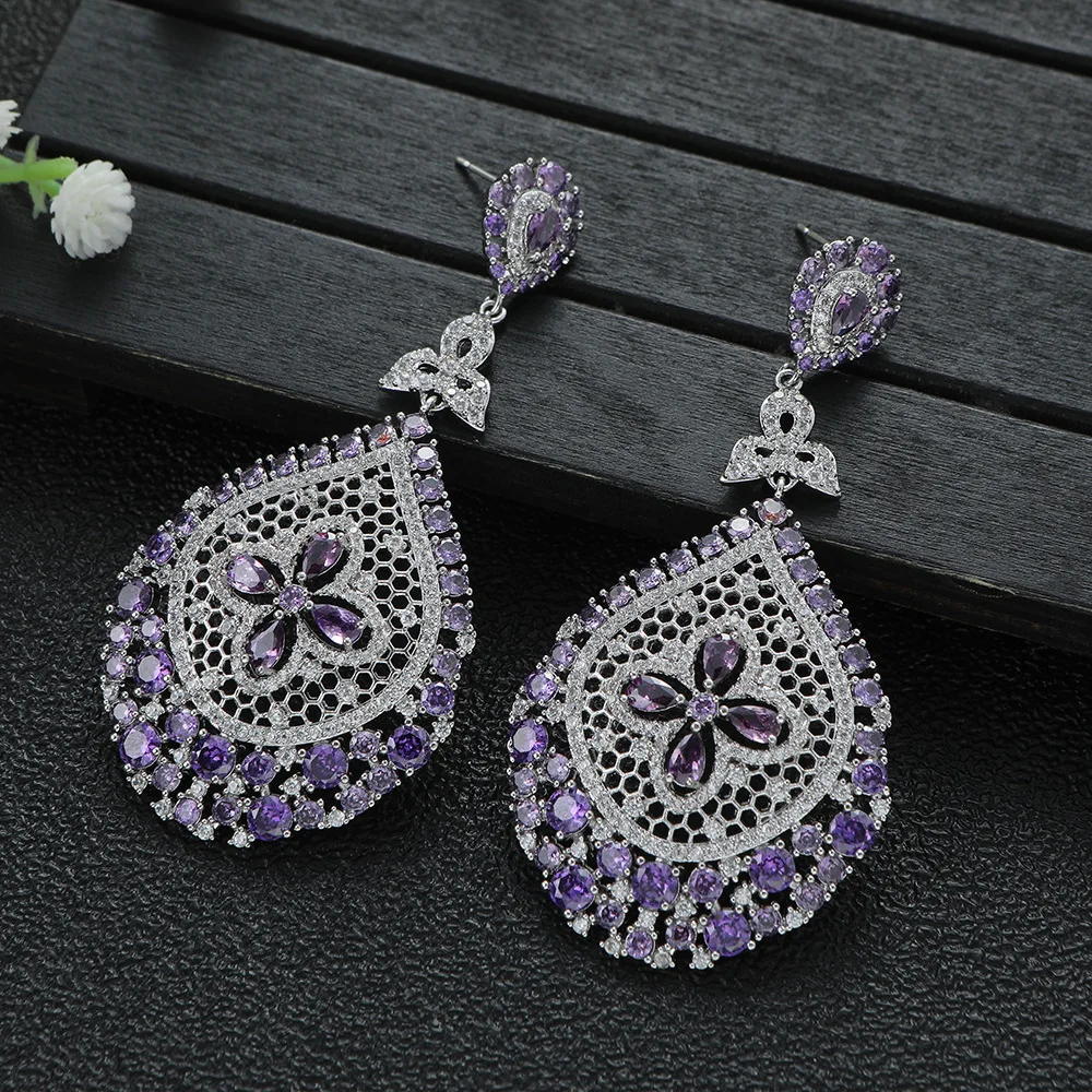 vintage luxury earrings zirconia blue purple gold silver color long pendant earrings flower oval drop women jewelry gift