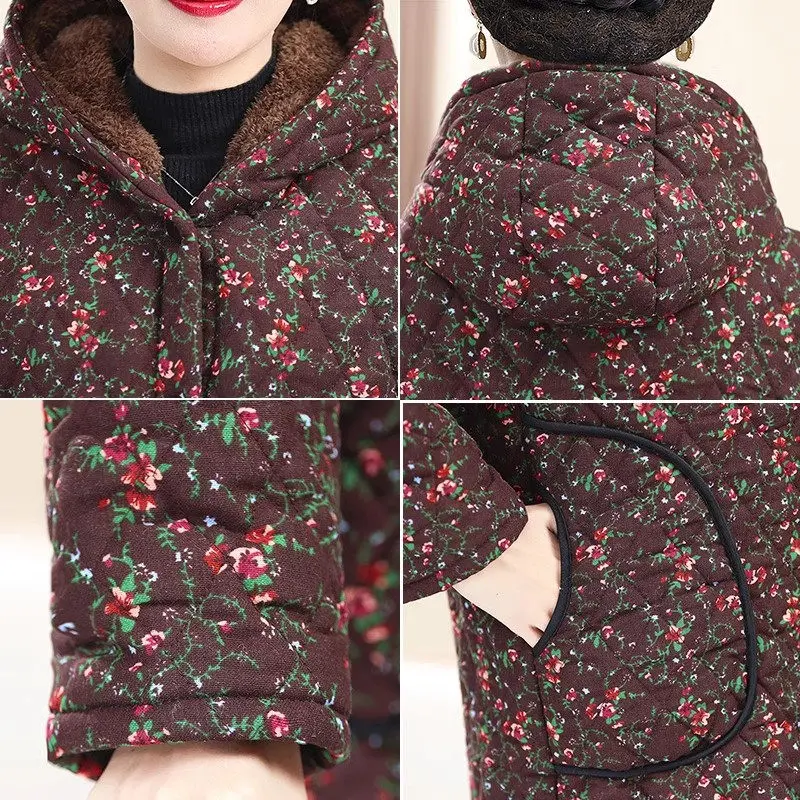 Fleece Jacket For Women Floral Cotton Coat Middle-Aged And Elderly Mothers Thick Medium Length Hooded Winter Outerwear Z4744