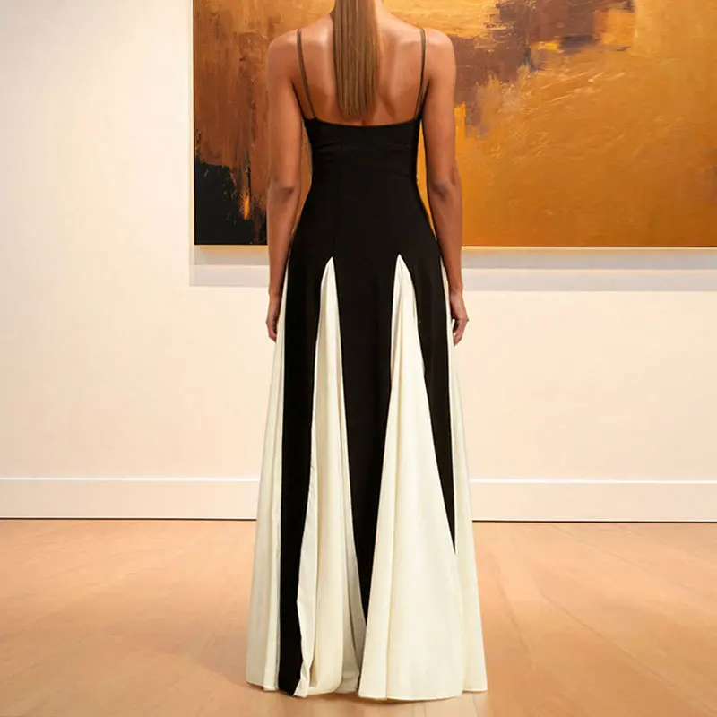 エレガントなコントラストカラー カジュアル ルーズ バケーション レディースドレス ハイウエスト ノースリーブ ロングスカート 春夏秋冬