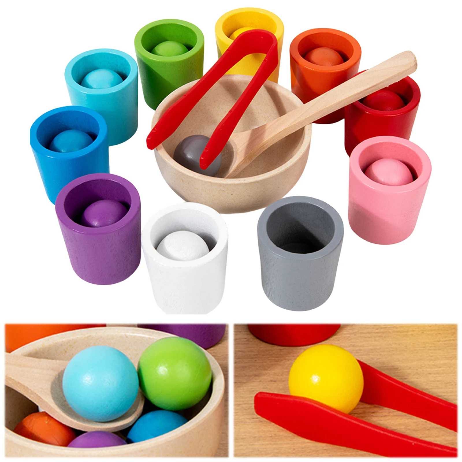 

Rainbow Balls in Cups Wooden Matching Games Learning Color Sorting and Counting Wooden Cups and Balls Color Match Toy for Kids
