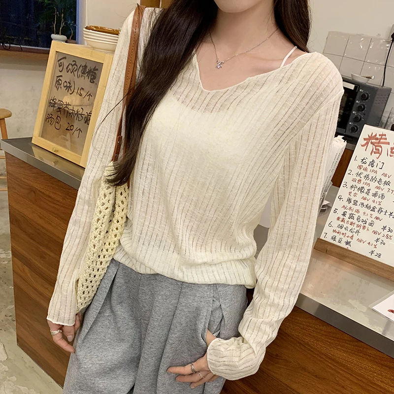 

Свободная футболка с длинным рукавом и v-образным вырезом, женские сексуальные прозрачные футболки, модный топ для раннего лета, солнцезащитный крем, рубашка с кондиционером