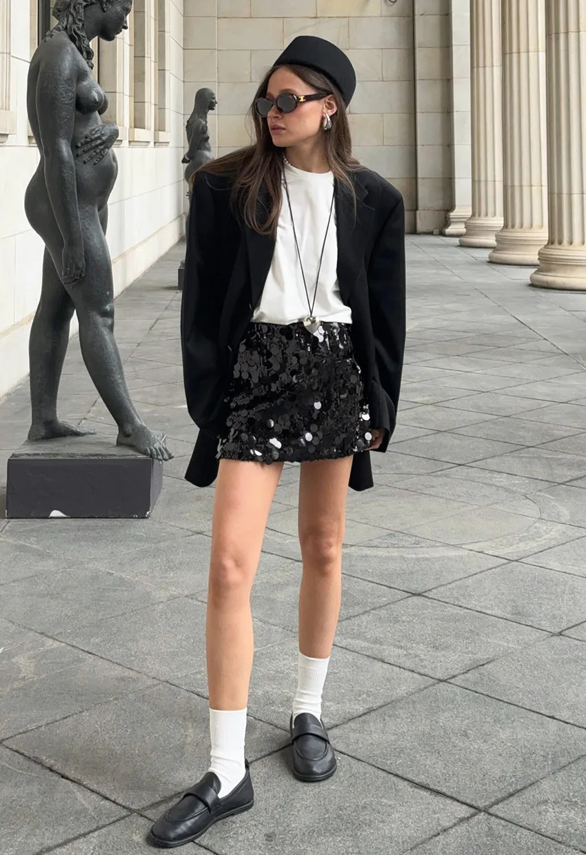 

2026 Autumn and Winter New High Waist Solid Color Sequined Skirt Sexy Hip Skirt Fashion Temperament European and American Style