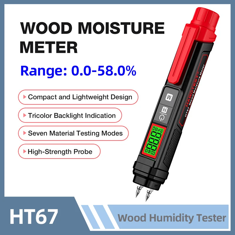 HT67 LCD Digital Wood Moisture Meter Professional Wood Humidity Tester 0~58% Portable Pen-Type Timber Hygrometer Meter