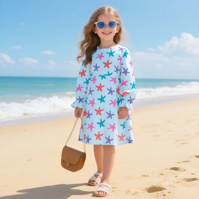 

2025 Girls Summer Seaside Style Trendy, Fashionable Casual Long-sleeved Printed Dress