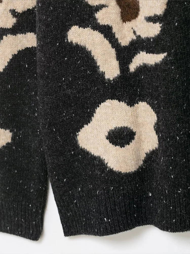 

HH Women Fashion Long Sleeve V-Neck Knitted Jacket Autumn Women High Street Loose Flower Printing Single-breasted Sweater