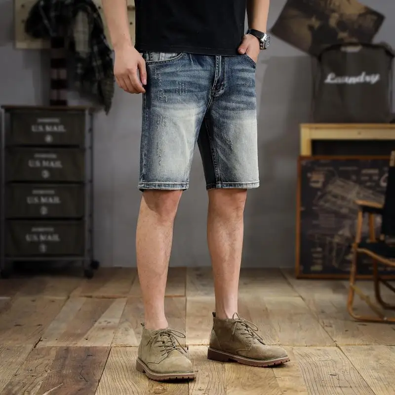 뉴 아메리칸 조수 빈티지 데님 반바지 남성 여름 조수 마모 하이 스트리트 헤비 신축성 5분 바지