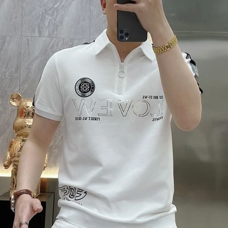 Fashion Loose Spliced Zipper Printed Polo Shirts Men\'s Clothing 2023 Summer New Oversized Casual Pullovers All-match Tee Shirt