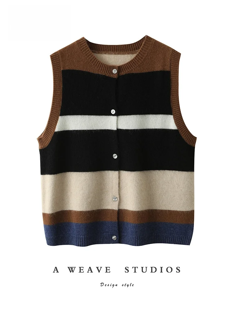 

Autumn Winter New Sle Retro Color Blo round Ne Svel Camere Vest Cardigan Women's Warm Layering Outerwear Top