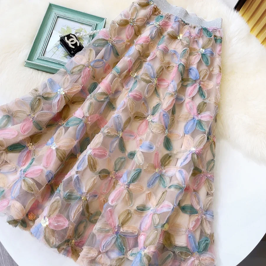 Vintage Beading 3D Floral Tulle Long Skirt Women Summer Elegant Elastic High Waist A Lien Pleated Skirts Female Faldas Aesthetic