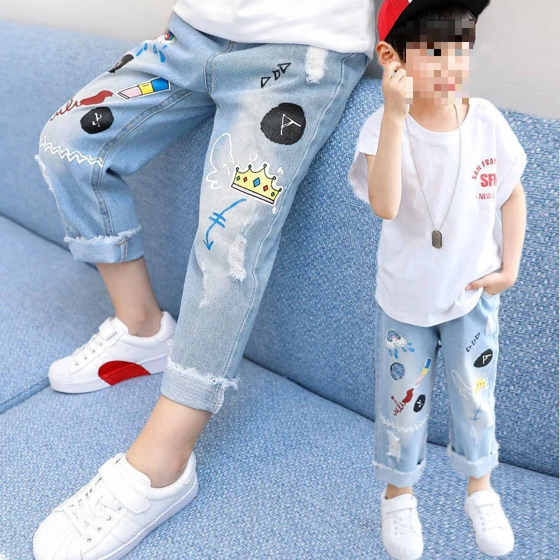 Spring Autumn Baby Boys Pants Kids Jeans Child Girl Cartoon Print Denim Trousers Children\'s Jeans 2 3 4 5 6 7 8 9 10 11 12 Years