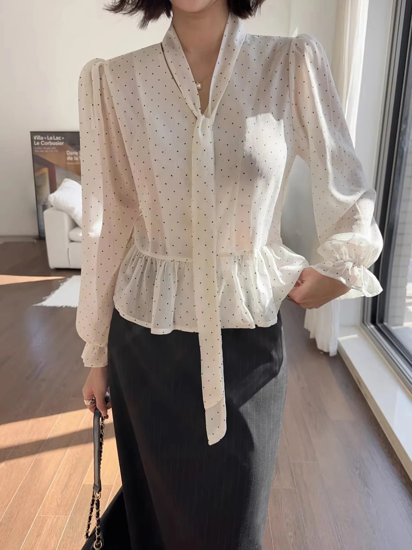 

Spring New Polka Dot Sash Knot V Neck Long Sleeve Semi See through Chiffon Shirt Women's Top Korean Style Commute