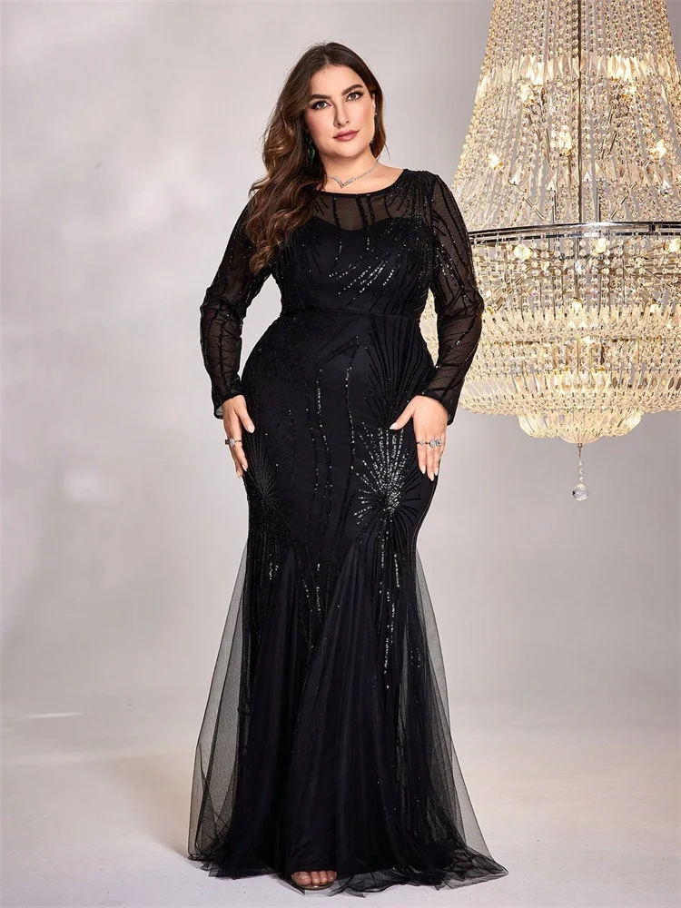 XUIBOL Plus Size Elegant Long Sleeves Black Sequins Evening Dresses For Women Mermaid Formal Party Maxi Prom Cocktail Gown