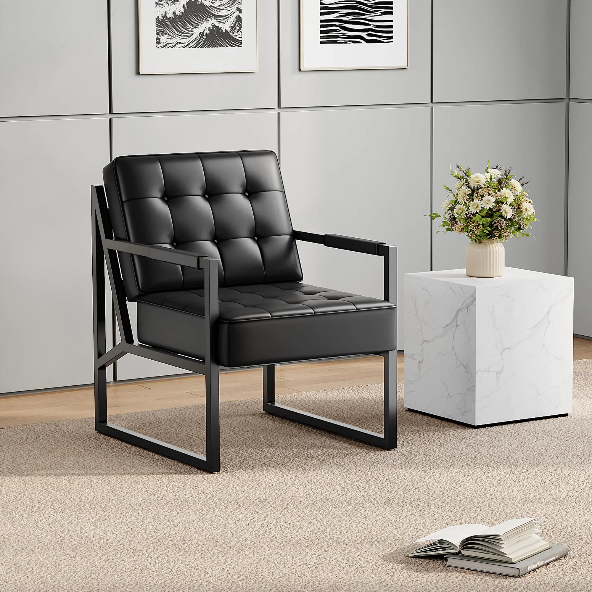Mid Century Modern PU Leather Accent Chair, Tufted Upholstered Armchair With Thick Cushion Metal Frame For Living Room Bedroom Office