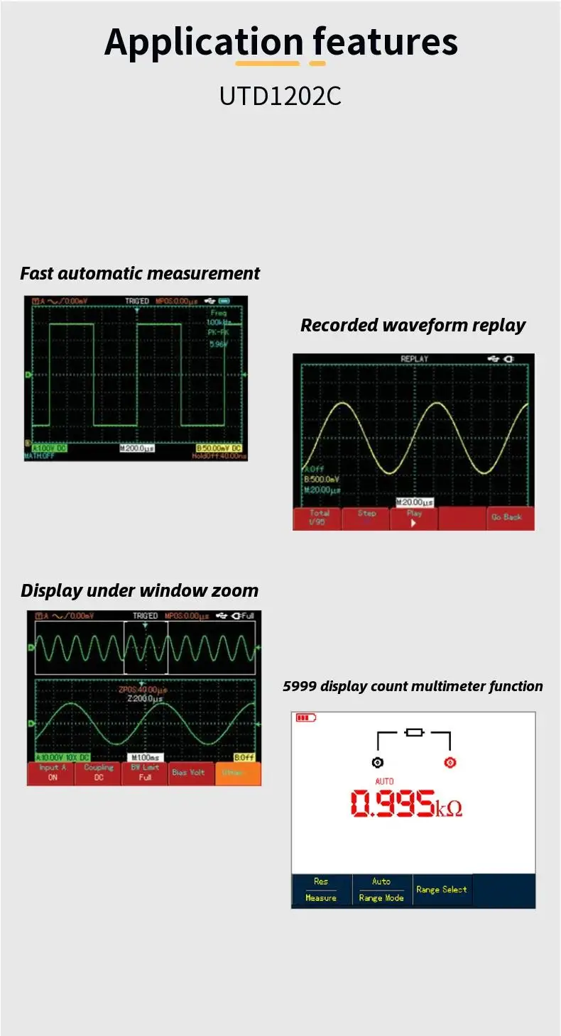 UNI-T UTD1202C Handheld Digital Storage Oscilloscope 200MHz 2 Channels 1GS/s Voltage Current Resistance Capacitance Multimeter