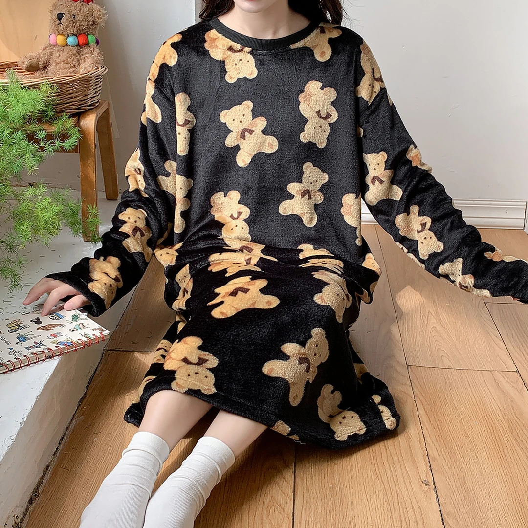 Autumn Winter Nightgowns & Sleepshirts Young Girl Warm Flannel Nightdress Long Sleeve Women Sleepwear cartoon Home Wear Clohtes